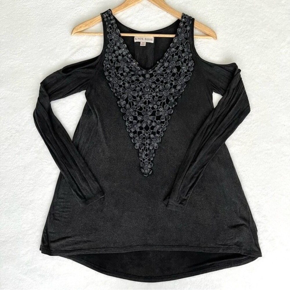 Knox Rose Crochet Front Cold Shoulder Long Sleeve Top in Black/Dark Grey, XS